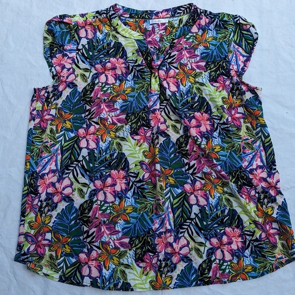 Plus Size Mandee 3X Floral  Colourful Short Split Sleeve Dress Top Flattering ! - Picture 2 of 8